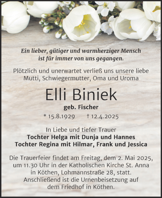 Traueranzeige von Elli Biniek von Trauerkombi Köthen