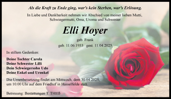 Traueranzeige von Elli Hoyer von Volksstimme Wernigerode