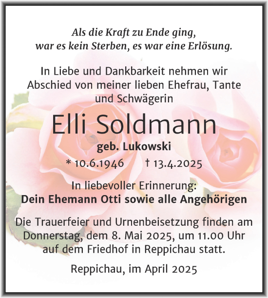 Traueranzeige von Elli Soldmann von Trauerkombi Köthen