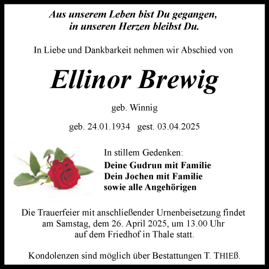Traueranzeige von Ellinor Brewig von Trauerkombi Quedlinburg