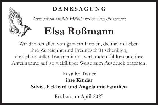 Traueranzeige von Elsa Roßmann von Volksstimme Altmark Ost