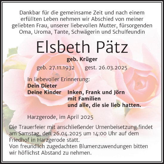 Traueranzeige von Elsbeth Pätz von Super Sonntag Quedlingburg