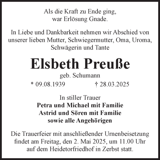 Traueranzeige von Elsbeth Preuße von Volksstimme Zerbst