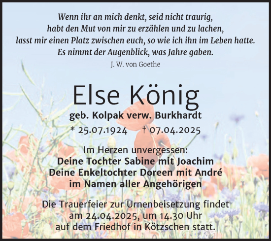 Traueranzeige von Else König von Trauerkombi Merseburg