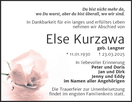 Traueranzeige von Else Kurzawa von Trauerkombi Merseburg