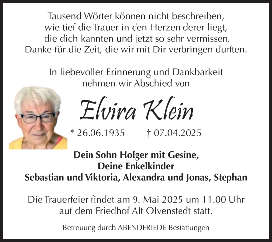 Traueranzeige von Elvira Klein von Volksstimme Magdeburg