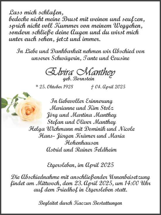 Traueranzeige von Elvira Manthey von Volksstimme Staßfurt