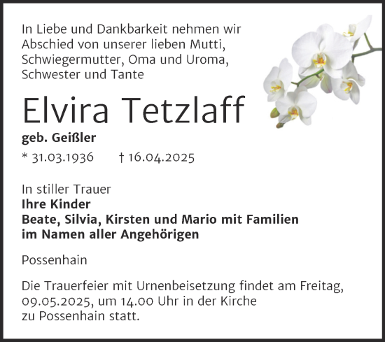 Traueranzeige von Elvira Tetzlaff von Super Sonntag Naumburg/Nebra