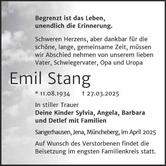 Traueranzeige von Emil Stang von Trauerkombi Sangerhausen