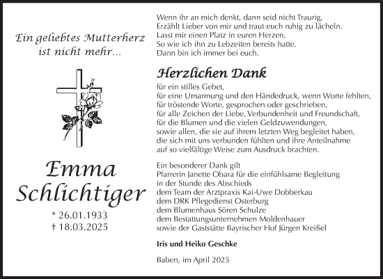 Traueranzeige von Emma Schlichtiger von Volksstimme Altmark Ost