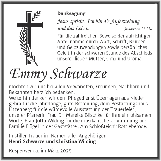 Traueranzeige von Emmy Schwarze von Trauerkombi Sangerhausen