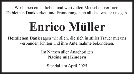 Traueranzeige von Enrico Müller von Volksstimme Altmark Ost