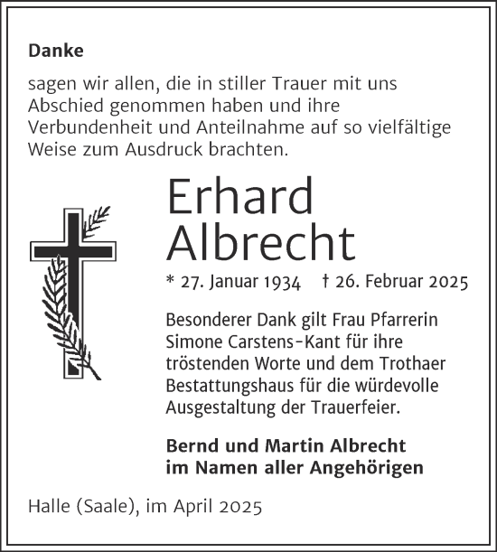 Traueranzeige von Erhard Albrecht von Mitteldeutsche Zeitung Halle/Saalkreis