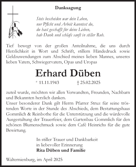Traueranzeige von Erhard Düben von Volksstimme Zerbst