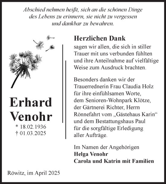 Traueranzeige von Erhard Venohr von Volksstimme Altmark West
