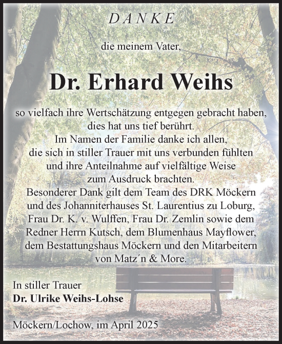 Traueranzeige von Erhard Weihs von Volksstimme Burg/Genthin