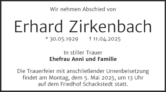 Traueranzeige von Erhard Zirkenbach von Mitteldeutsche Zeitung Bernburg