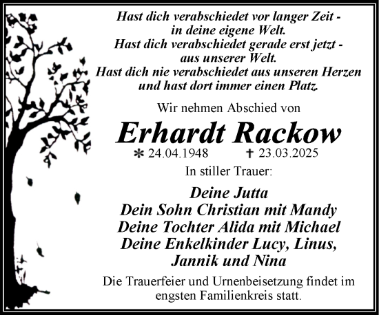 Traueranzeige von Erhardt Rackow von Trauerkombi Wittenberg