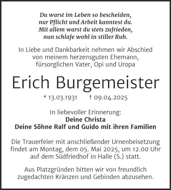 Traueranzeige von Erich Burgemeister von Mitteldeutsche Zeitung Halle/Saalkreis
