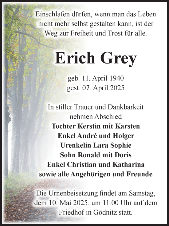 Traueranzeige von Erich Grey von Volksstimme Zerbst