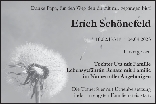 Traueranzeige von Erich Schönefeld von Trauerkombi Bitterfeld