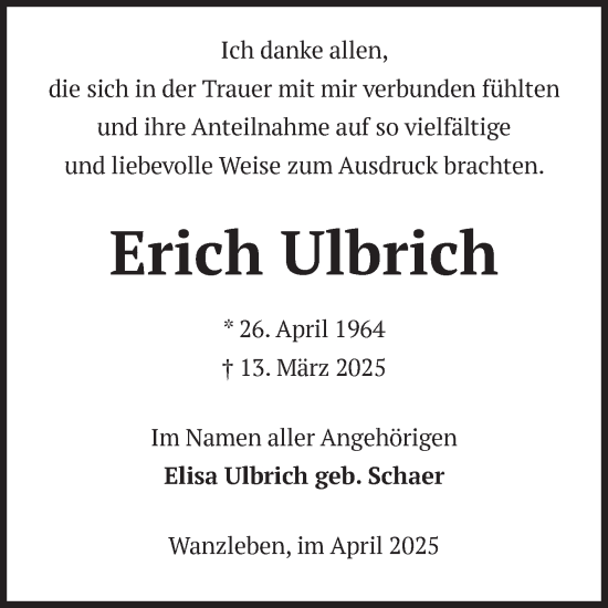 Traueranzeige von Erich Ulbrich von Volksstimme Oschersleben/Wanzleben