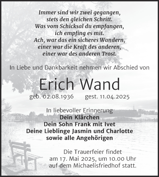 Traueranzeige von Erich Wand von Trauerkombi Zeitz