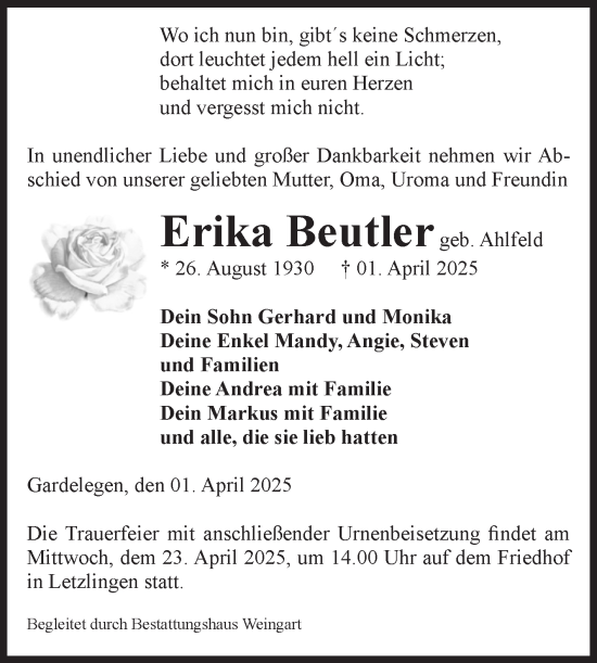Traueranzeige von Erika Beutler von Volksstimme Altmark West