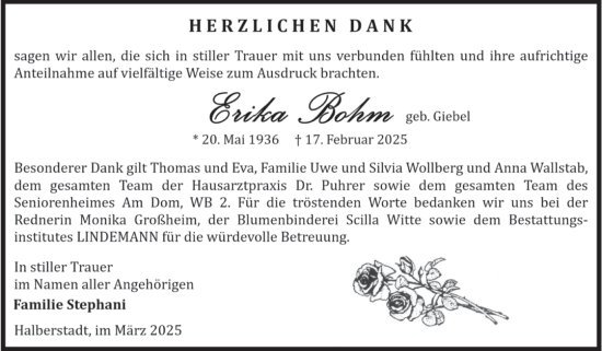 Traueranzeige von Erika Bohm von Volksstimme Halberstadt