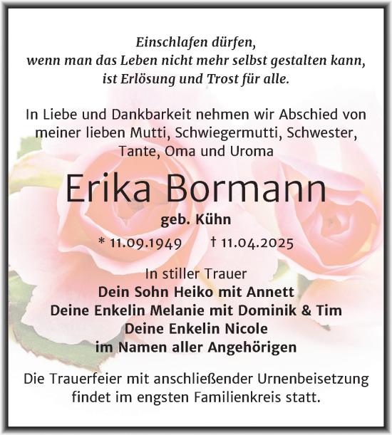 Traueranzeige von Erika Bormann von Trauerkombi Wittenberg