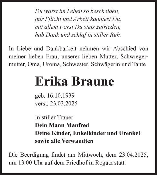 Traueranzeige von Erika Braune von Volksstimme Haldensleben/Wolmirstedt