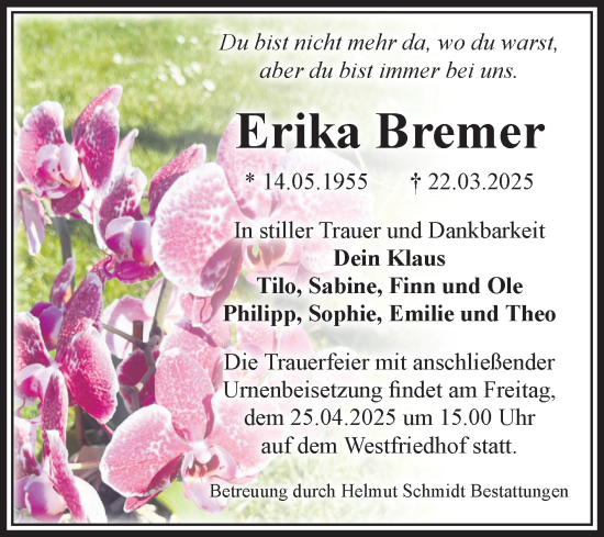 Traueranzeige von Erika Bremer von Volksstimme Magdeburg