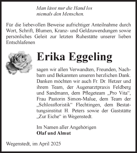 Traueranzeige von Erika Eggeling von Volksstimme Haldensleben/Wolmirstedt
