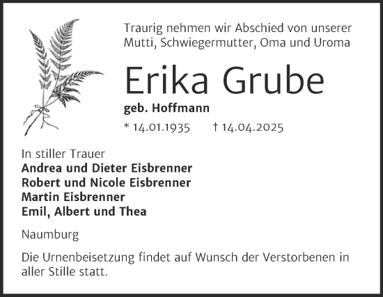 Traueranzeige von Erika Grube von Super Sonntag Naumburg/Nebra