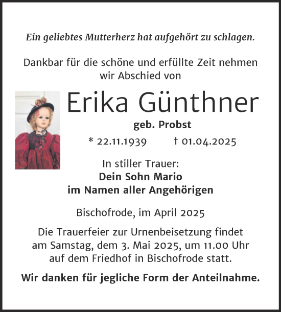 Traueranzeige von Erika Günthner von Trauerkombi Mansfelder Land
