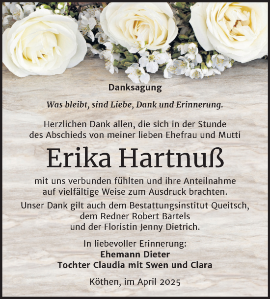 Traueranzeige von Erika Hartnuß von Trauerkombi Köthen