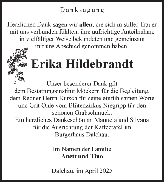 Traueranzeige von Erika Hildebrandt von Volksstimme Burg/Genthin