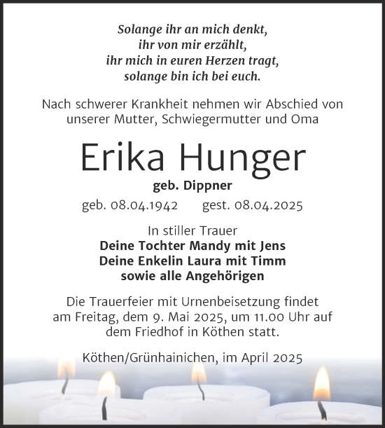Traueranzeige von Erika Hunger von Trauerkombi Köthen