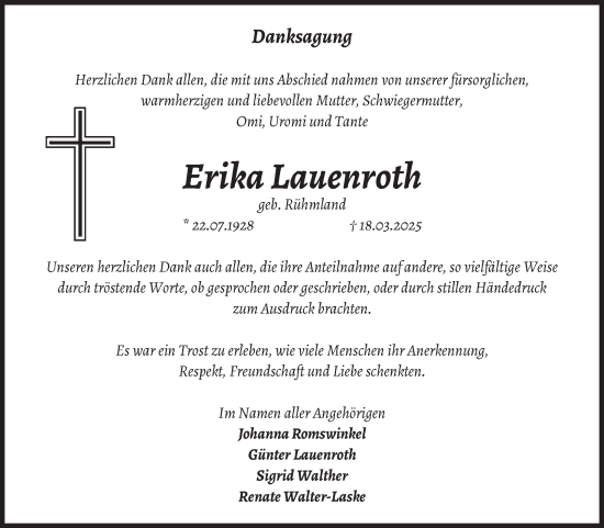 Traueranzeige von Erika Lauenroth von Volksstimme Burg/Genthin