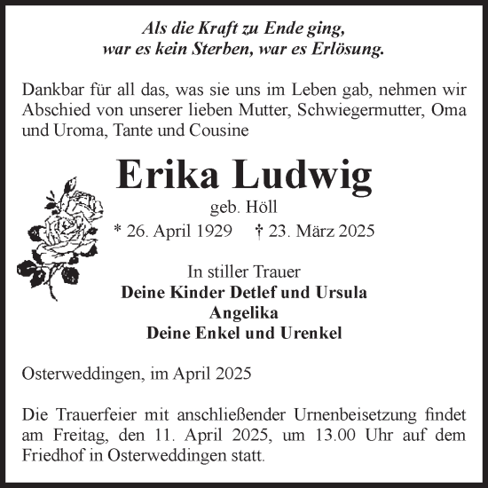 Traueranzeige von Erika Ludwig von Volksstimme Oschersleben/Wanzleben