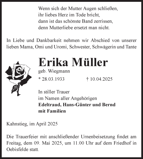 Traueranzeige von Erika Müller von Volksstimme Altmark West