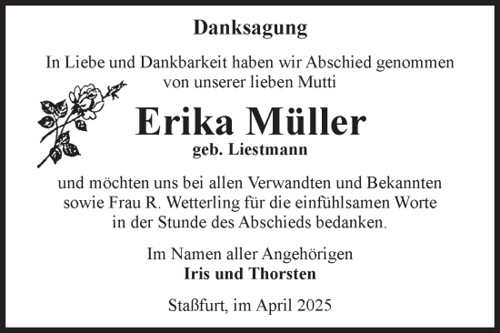 Traueranzeige von Erika Müller von Volksstimme Staßfurt