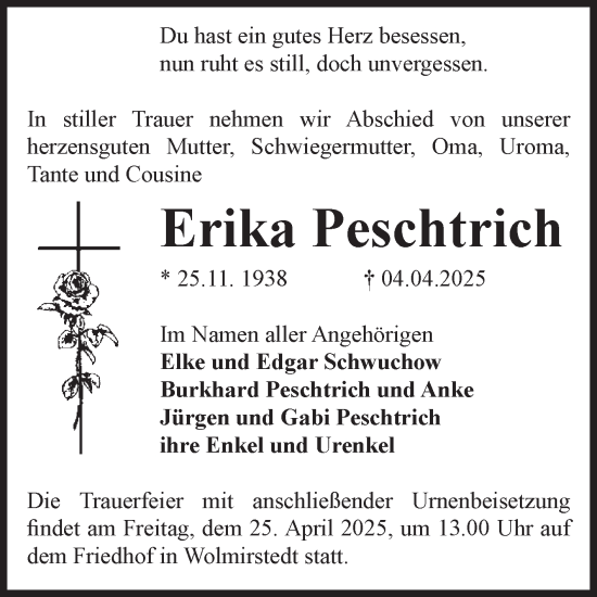 Traueranzeige von Erika Peschtrich von Volksstimme Haldensleben/Wolmirstedt