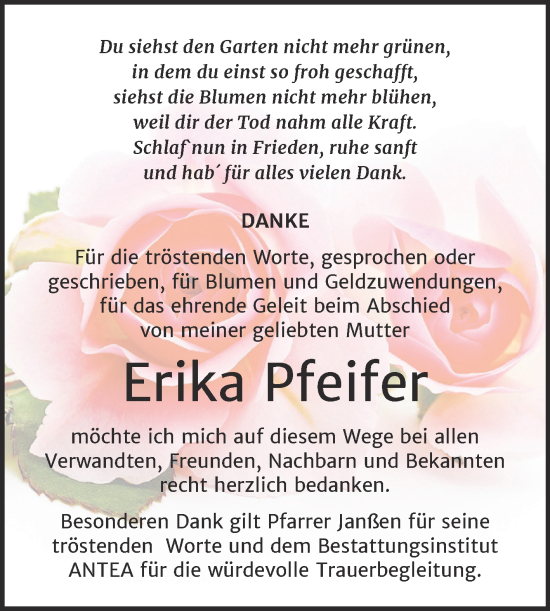 Traueranzeige von Erika Pfeifer von Trauerkombi Dessau