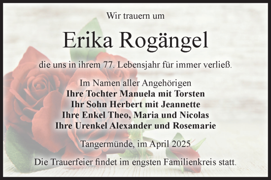 Traueranzeige von Erika Rogängel von Volksstimme Altmark Ost