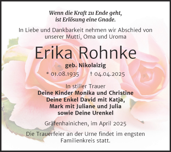 Traueranzeige von Erika Rohnke von Trauerkombi Wittenberg