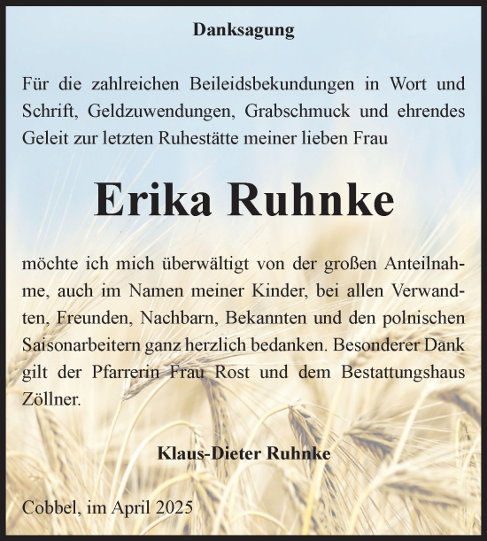 Traueranzeige von Erika Ruhnke von Volksstimme Altmark Ost