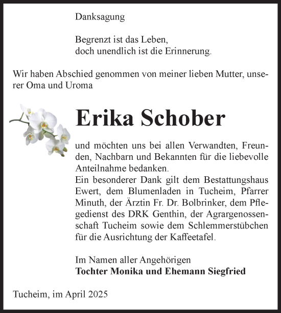 Traueranzeige von Erika Schober von Volksstimme Burg/Genthin