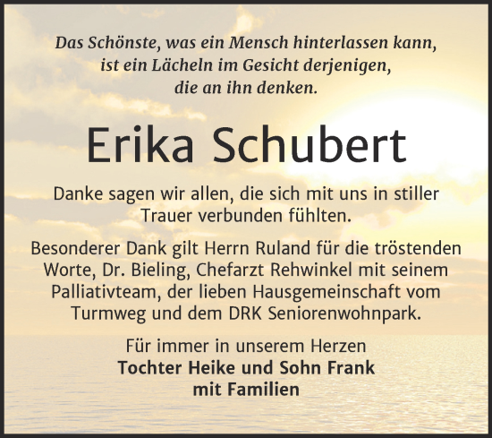 Traueranzeige von Erika Schubert von Trauerkombi Bernburg