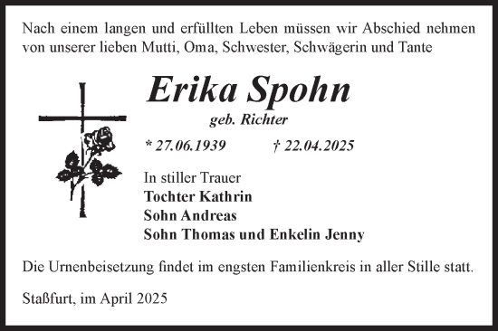 Traueranzeige von Erika Spohn von Volksstimme Staßfurt